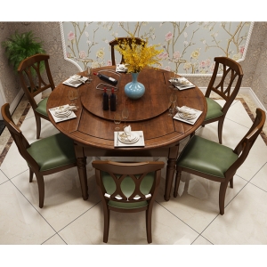 美式乡村实木伸缩餐桌简约可折叠餐桌椅组合欧式家具圆形饭桌